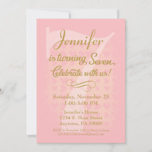 7th Birthday Invitation Girls Pink Gold Hearts