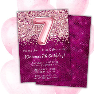 7th Birthday Invitation Girly Magenta Pink Glitter