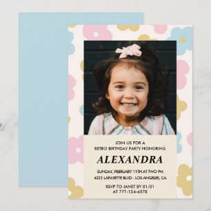 7th birthday invitation Retro Groovy Flowers Cute