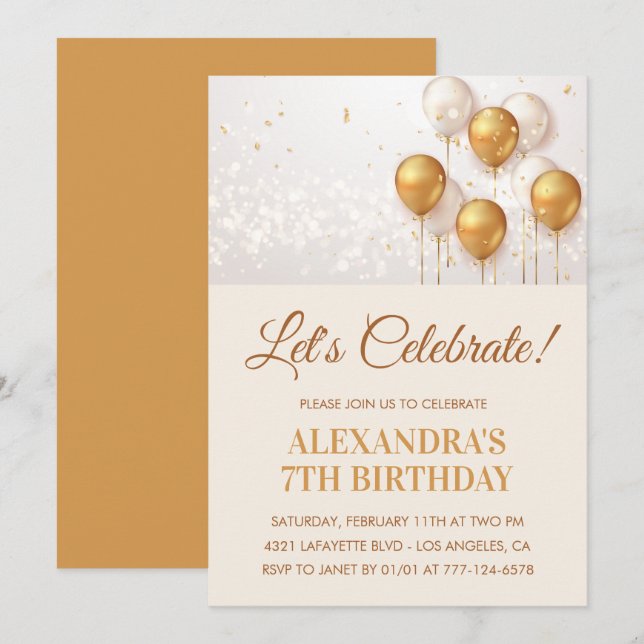 7th birthday invitations Balloons Gold (Front/Back)