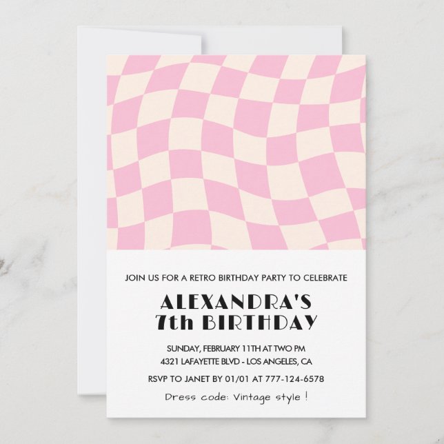 7th birthday invitations Chequered Retro Pink  (Front)