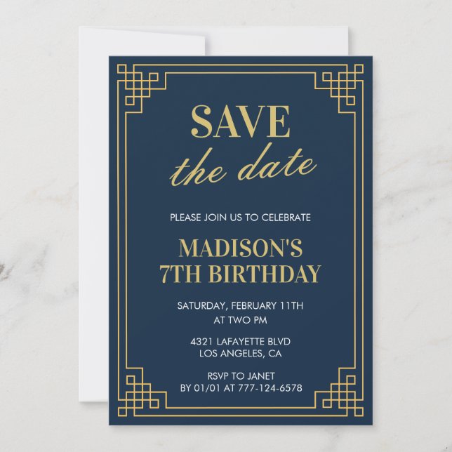 7th birthday invitations Girl Save the date Navy (Front)
