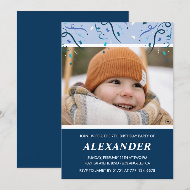 7th birthday invitations Photo Navy Blue (Front/Back)
