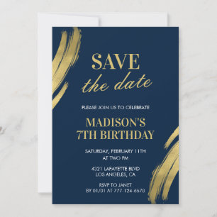 7th birthday invitations Save the date Navy Gold