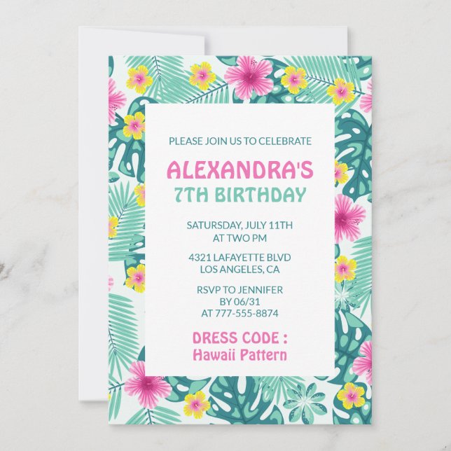 7TH birthday invitations Tropical Hawaii Pattern (Front)