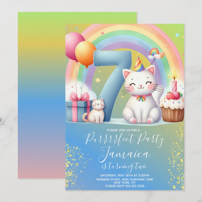 7th Birthday Kitten Rainbow Party Invitation (Front/Back)