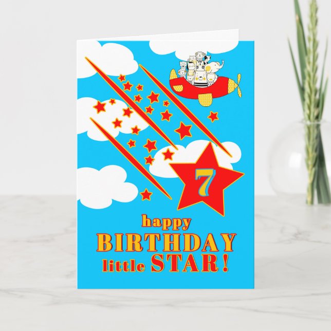 7th Birthday Little Star Cute Animals in a Plane Card (Front)