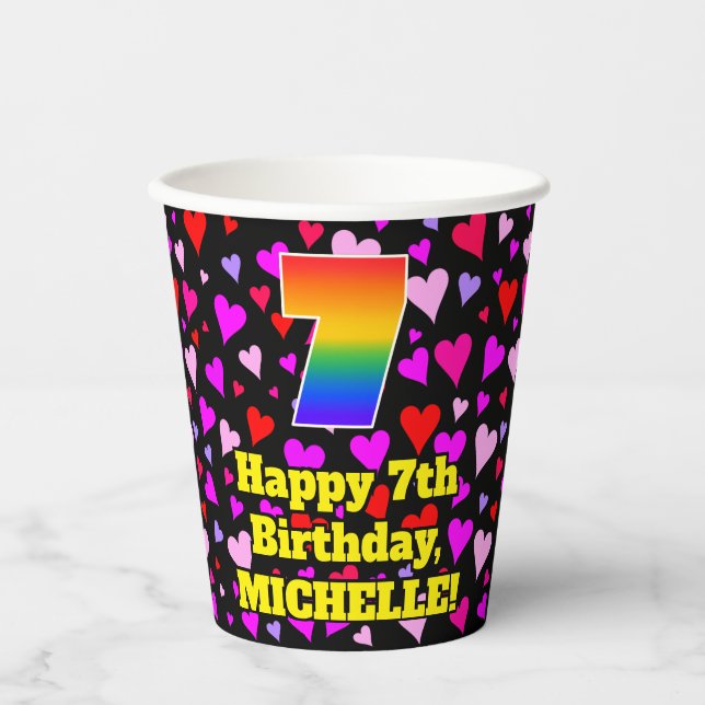 7th Birthday: Loving Hearts Pattern, Rainbow 7 Paper Cups (Front)
