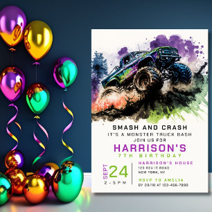 7th Birthday Monster Truck Smash Crash Boy Kids Invitation