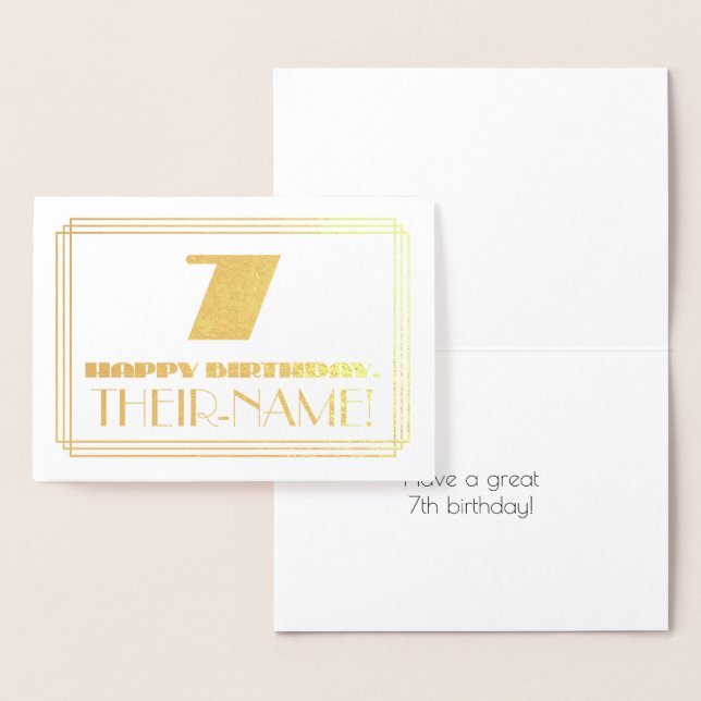 7th Birthday; Name + Art Deco Inspired Look "7" Foil Card (Display)
