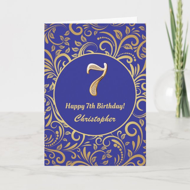 7th Birthday Navy Blue and Gold Floral Pattern Card (Front)