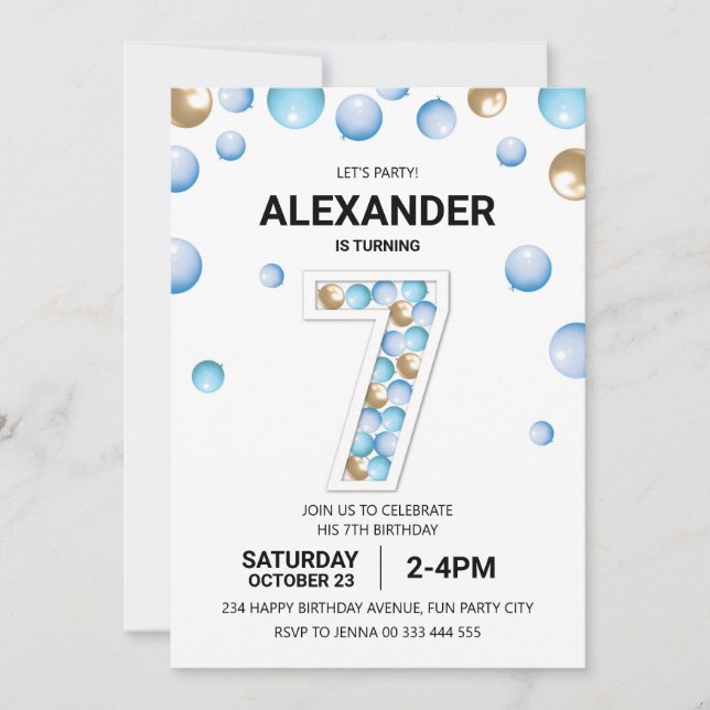 7th Birthday Party, Blue and Gold Balloon Boy Invitation (Front)