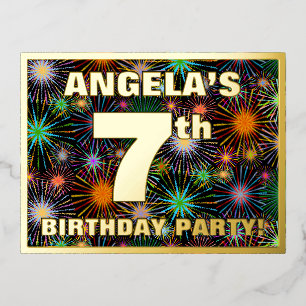 7th Birthday Party: Bold, Colourful Fireworks Look Foil Invitation Postcard