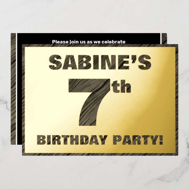 7th Birthday Party — Bold, Faux Wood Grain Text (Front/Back)