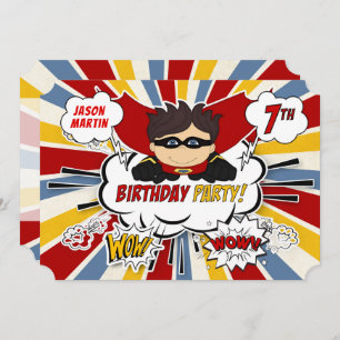 7th Birthday Party Boys Superhero Red Comic Invitation