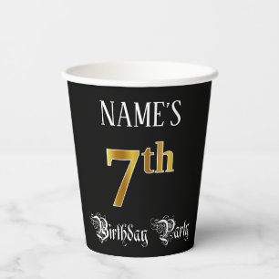 7th Birthday Party — Fancy Script, Faux Gold Look Paper Cups