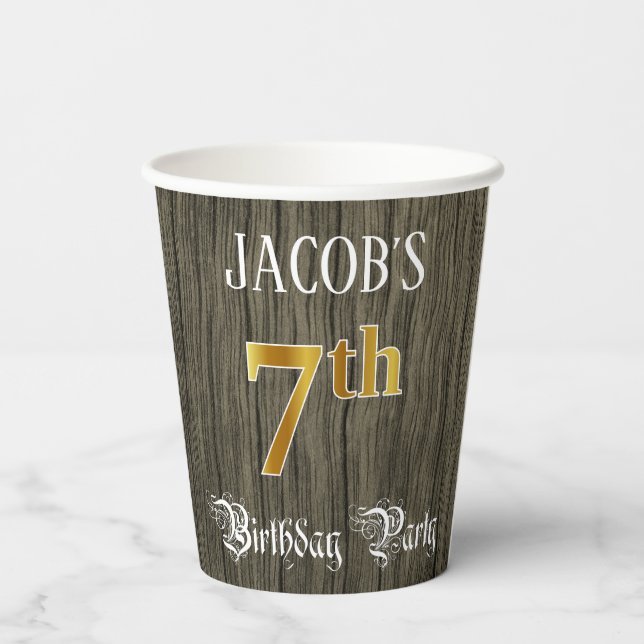 7th Birthday Party — Faux Gold & Faux Wood Looks Paper Cups (Back)