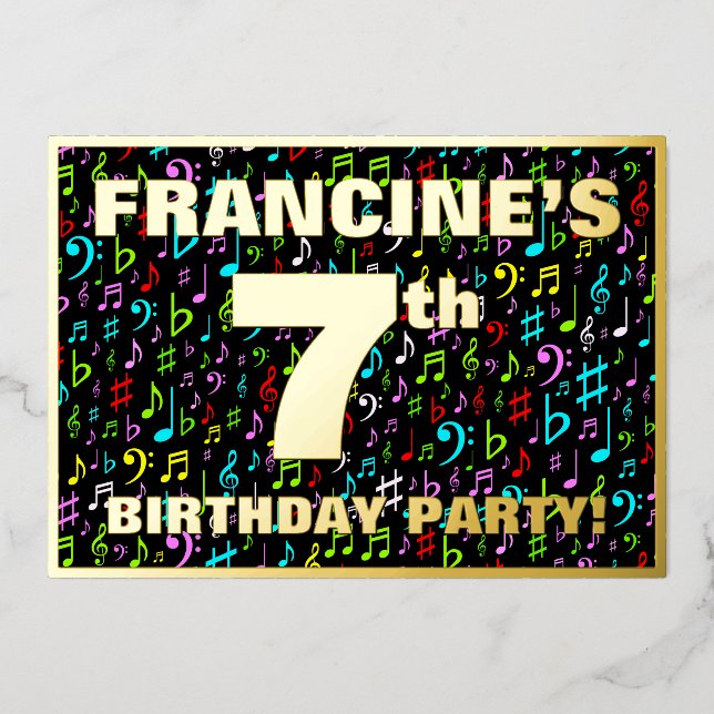 7th Birthday Party — Fun, Colourful Music Symbols (Front)