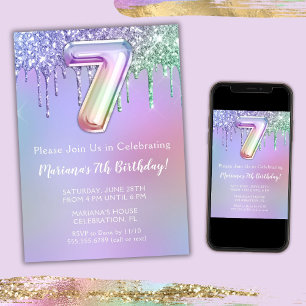 7th Birthday Party Invitation Purple Pink Glitter