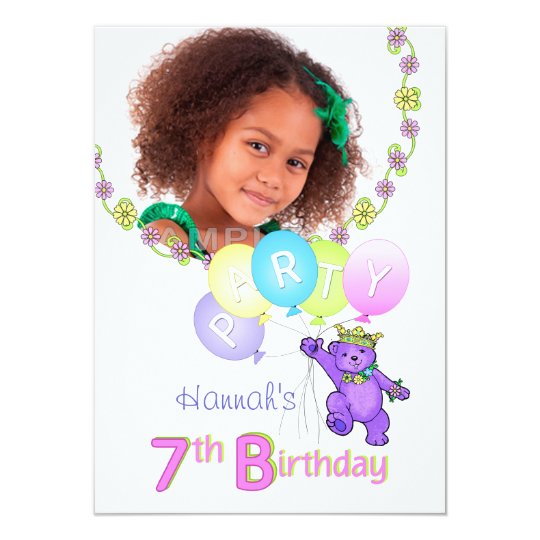 7th Birthday Party Princess Bear Custom Photo Card