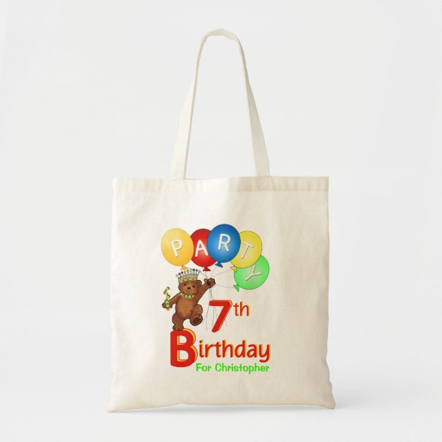 7th Birthday Party Teddy Bear Prince Goodie Tote Bag (Front)