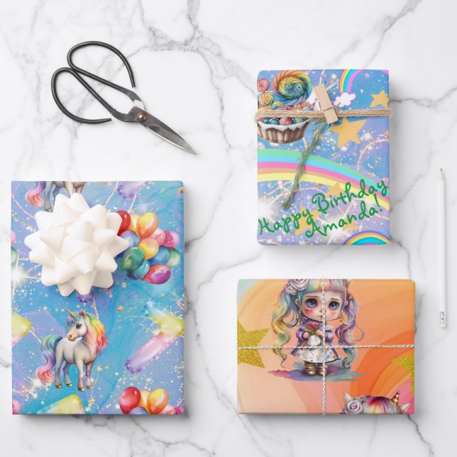 7th birthday personalized Unicorn gift wrap (Front)