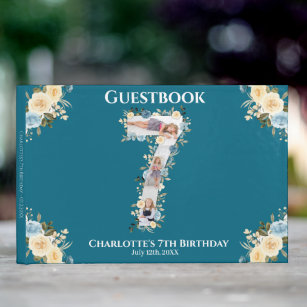 7th Birthday Photo Collage Teal Blue Yellow Flower Guest Book