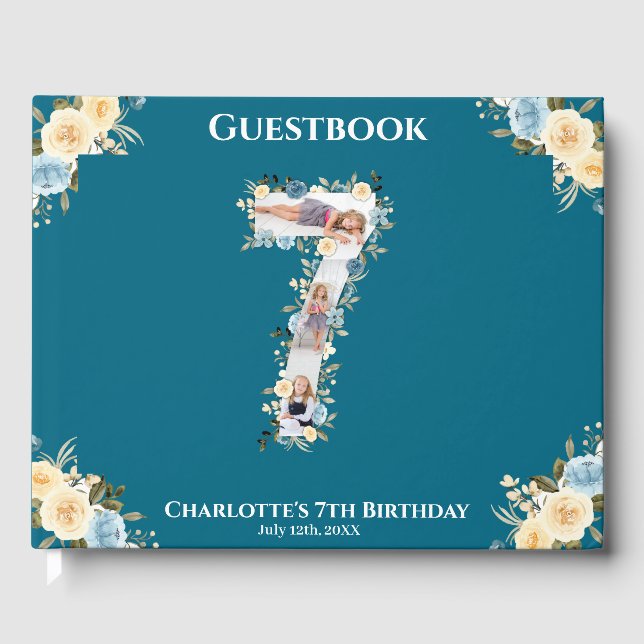 7th Birthday Photo Collage Teal Blue Yellow Flower Guest Book (Front)