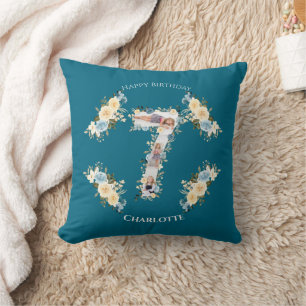 7th Birthday Photo Teal Collage Blue Yellow Flower Cushion