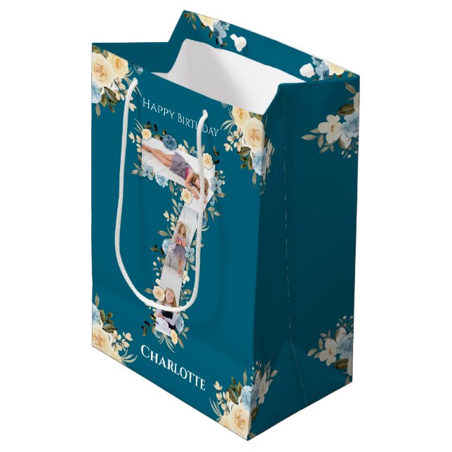 7th Birthday Photo Teal Collage Blue Yellow Flower Medium Gift Bag (Front Angled)