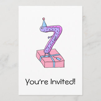 7th Birthday Pink and Purple Cartoon. Invitation