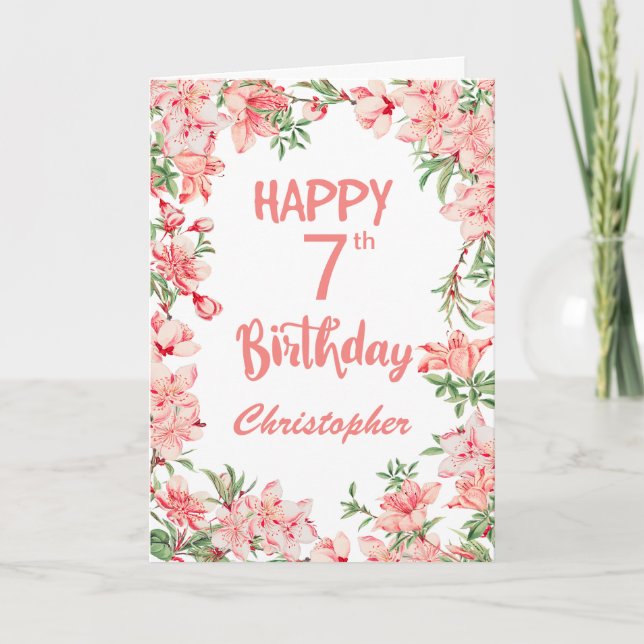 7th Birthday Pink Peach Peonies Watercolor Floral  Card (Front)