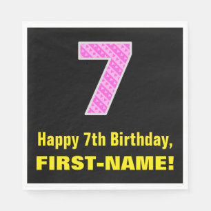 7th Birthday: Pink Stripes and Hearts "7" + Name Napkin