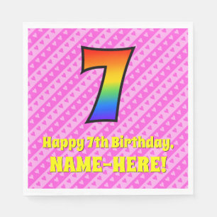 7th Birthday: Pink Stripes & Hearts, Rainbow # 7 Napkin