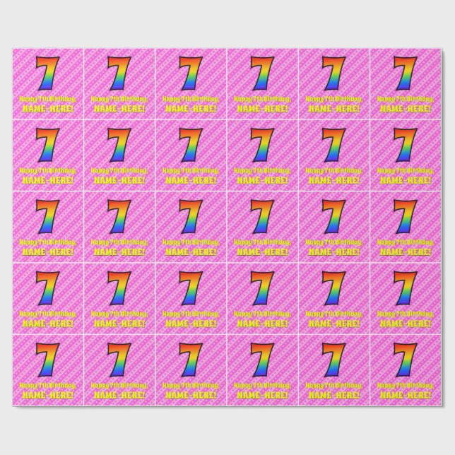 7th Birthday: Pink Stripes & Hearts, Rainbow # 7 Wrapping Paper (Flat)