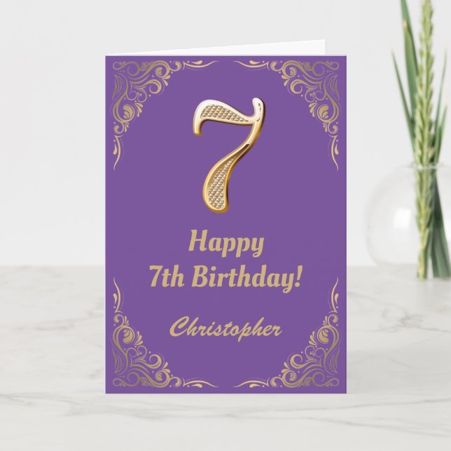 7th Birthday Purple and Gold Glitter Frame Card (Front)