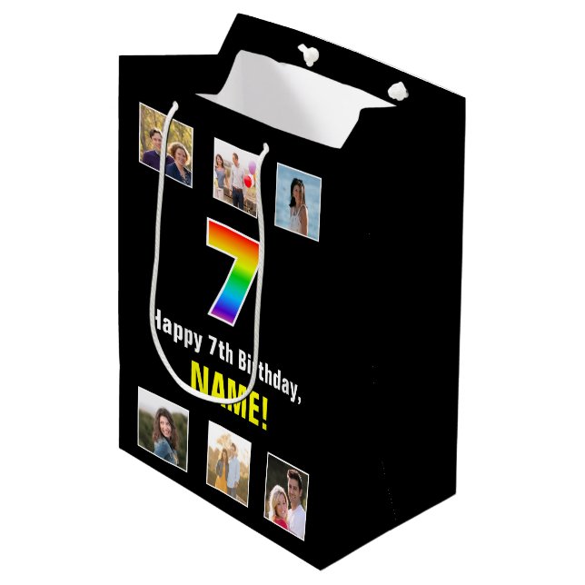 7th Birthday: Rainbow “7“, Custom Photos & Name Medium Gift Bag (Front Angled)