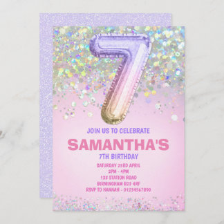 7th Birthday, Rainbow Glitter Birthday Invitation