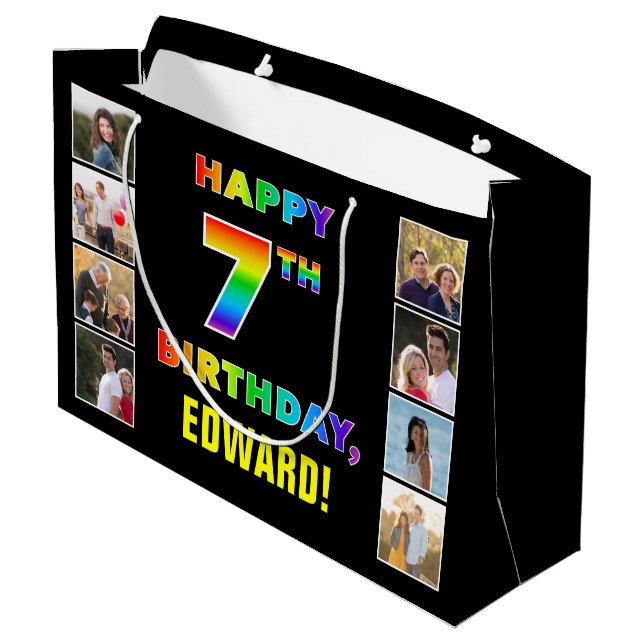 7th Birthday: Rainbow Text, Custom Photos & Name Large Gift Bag (Back Angled)