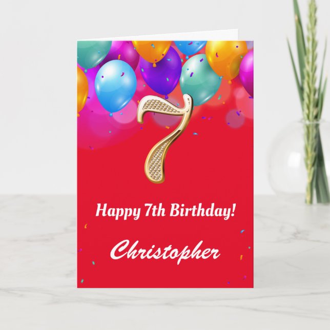 7th Birthday Red and Gold Colourful Balloons Card (Front)