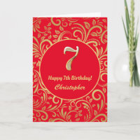 7th Birthday Red and Gold Floral Pattern