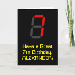 7th Birthday: Red Digital Clock Style "7" + Name Card