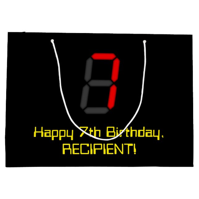 7th Birthday: Red Digital Clock Style "7" + Name Large Gift Bag (Back)