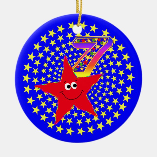 7th Birthday Red Star Round Ornament (Front)
