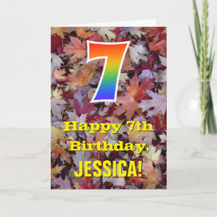 7th Birthday; Rustic Autumn Leaves; Rainbow "7" Card