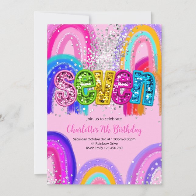 7th Birthday Sequin Rainbow Party Invitation (Front)
