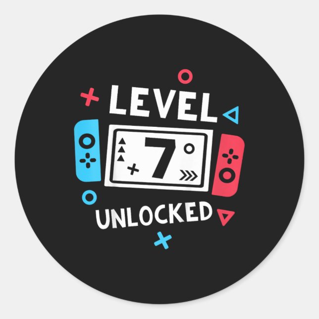 7th Birthday Shirt Boy Level 7 Unlocked Video Game Classic Round Sticker (Front)