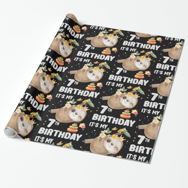 7th Birthday Sloth Girl Party Cute Sloth Lover Wrapping Paper (Unrolled)