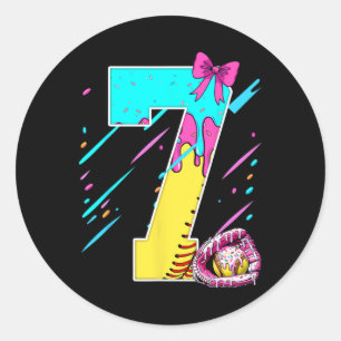 7th Birthday Softll Ice Cream Drip Bow 7 Years Kid Classic Round Sticker