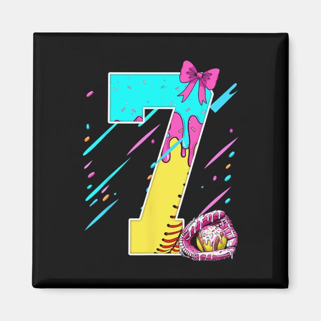 7th Birthday Softll Ice Cream Drip Bow 7 Years Kid Magnet (Front)